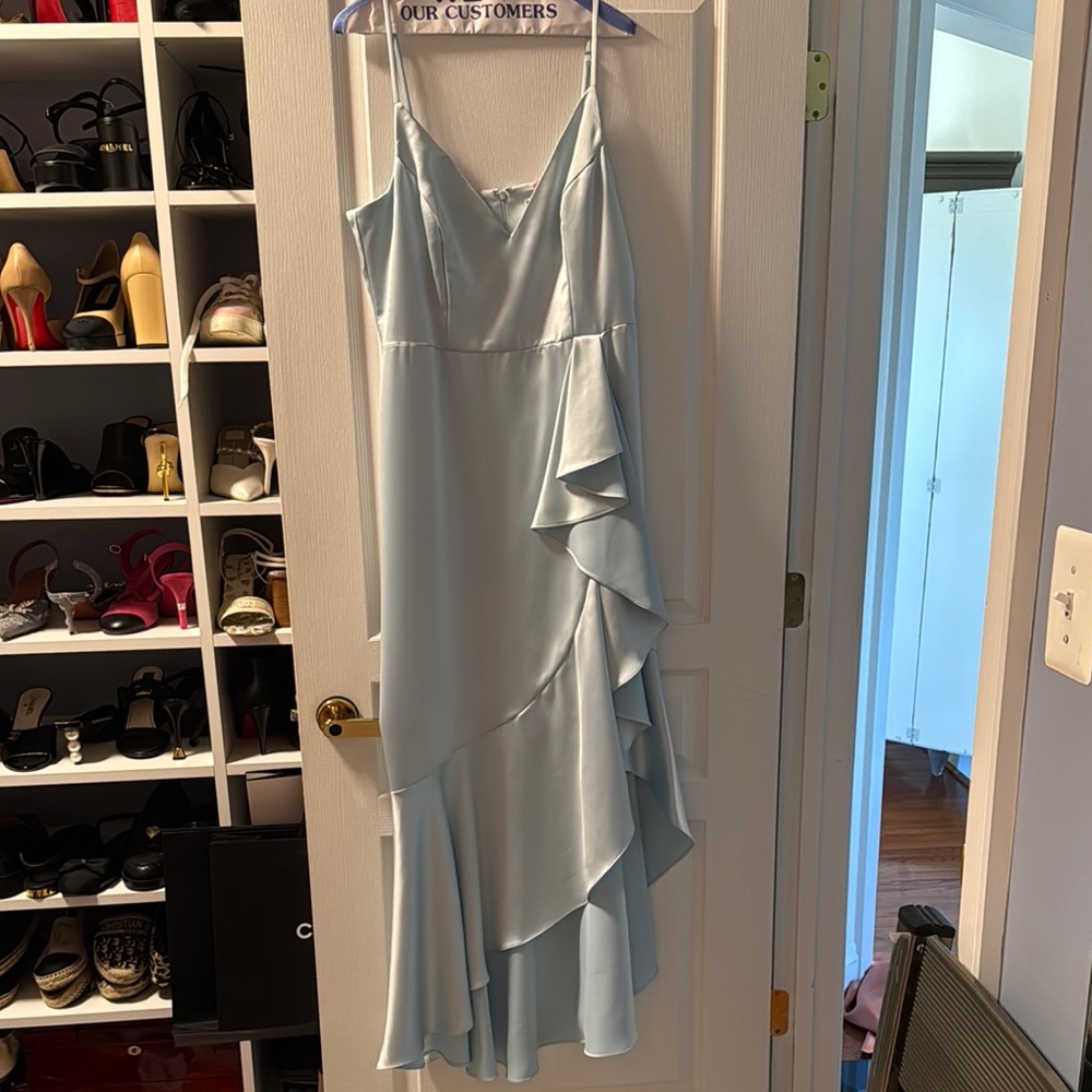 Aqua Blue Asymmetrical Ruffled Slip Dress